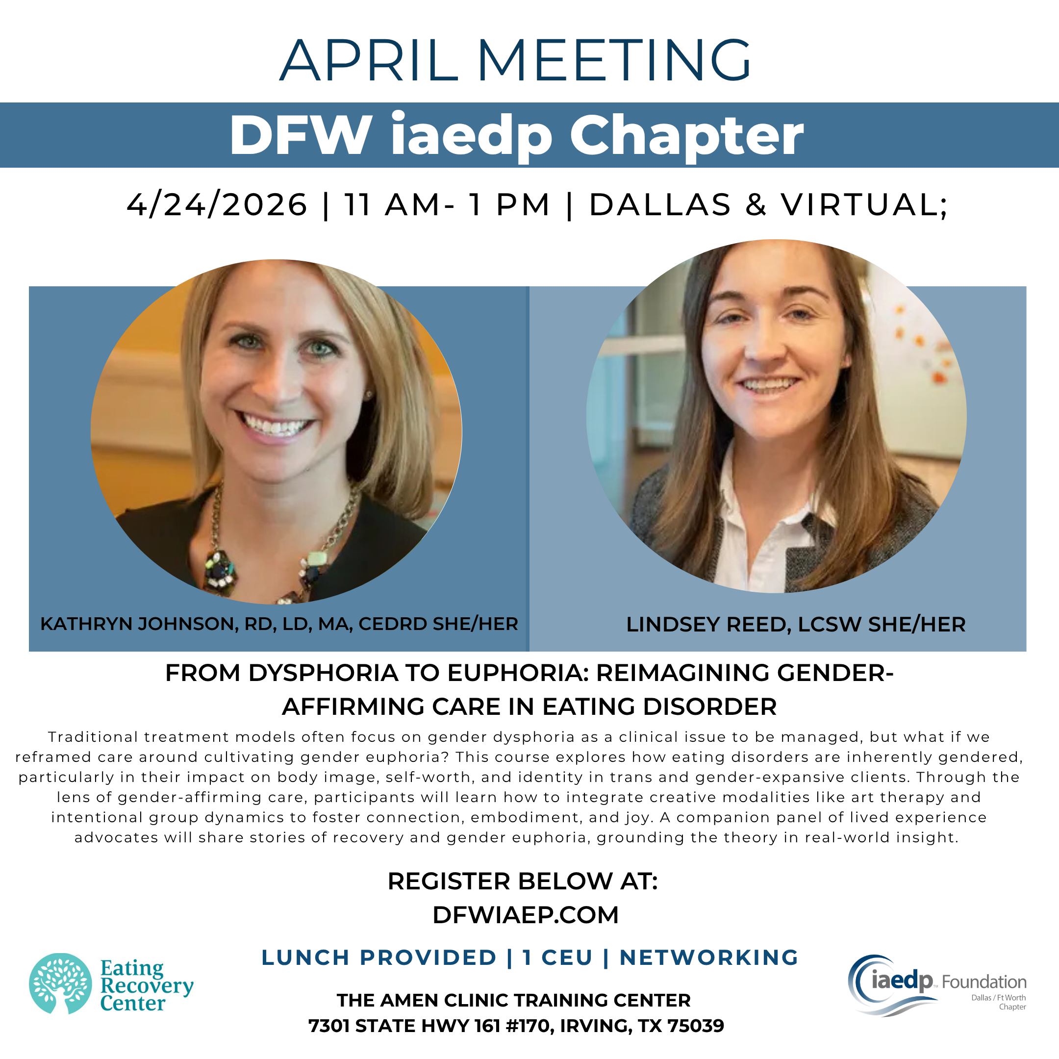 Traditional treatment models often focus on gender dysphoria as a clinical issue to be managed, but what if we reframed care around cultivating gender euphoria? This course explores how eating disorders are inherently gendered, particularly in their impact on body image, self-worth, and identity in trans and gender-expansive clients. Through the lens of gender-affirming care, participants will learn how to integrate creative modalities like art therapy and intentional group dynamics to foster connection, embodiment, and joy. A companion panel of lived experience advocates will share stories of recovery and gender euphoria, grounding the theory in real-world insight.